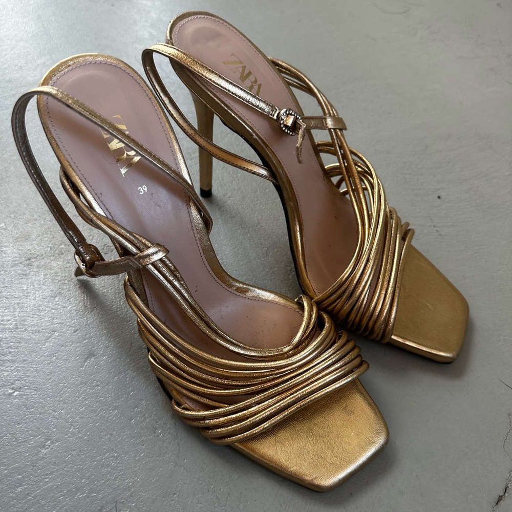 Zara Metallic Gold Strappy Heels
